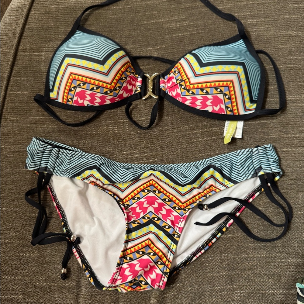 Gianni Bini Blue and Pink Bikini Set with Geometric Floral Design